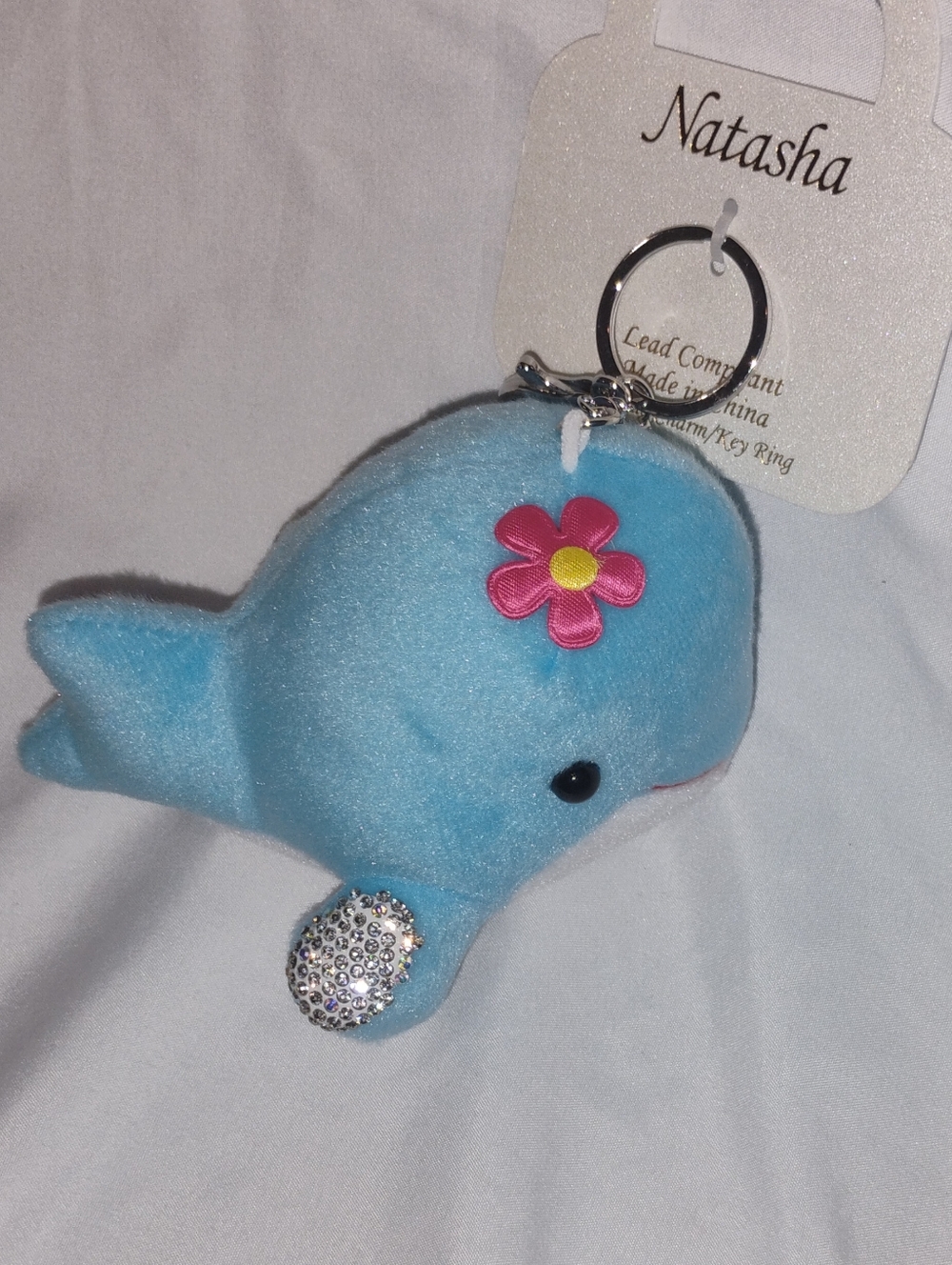 Natasha Couture Light Blue Plush Dolphin Keychain with Pink Flower